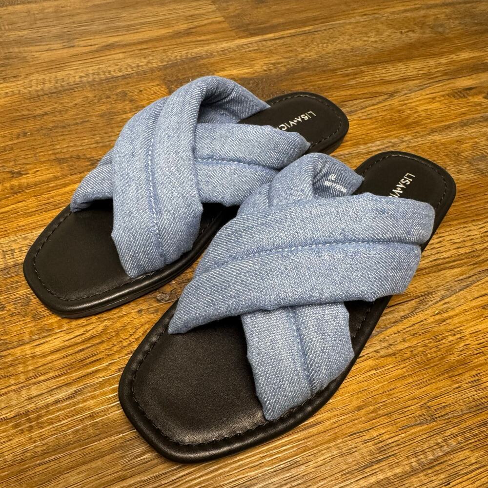 Lisa Vicky MENTOR-V blue chambray denim size 8 dressy flats mule slip on sandal